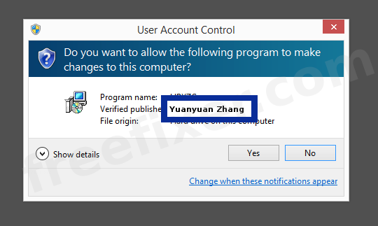 Screenshot where Yuanyuan Zhang appears as the verified publisher in the UAC dialog